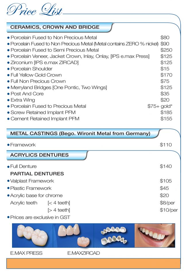 Price list Australia Wide Dental Lab